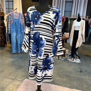 Ronni Nicole Blue and Black Asymmetrical Bell Sleeve Dress